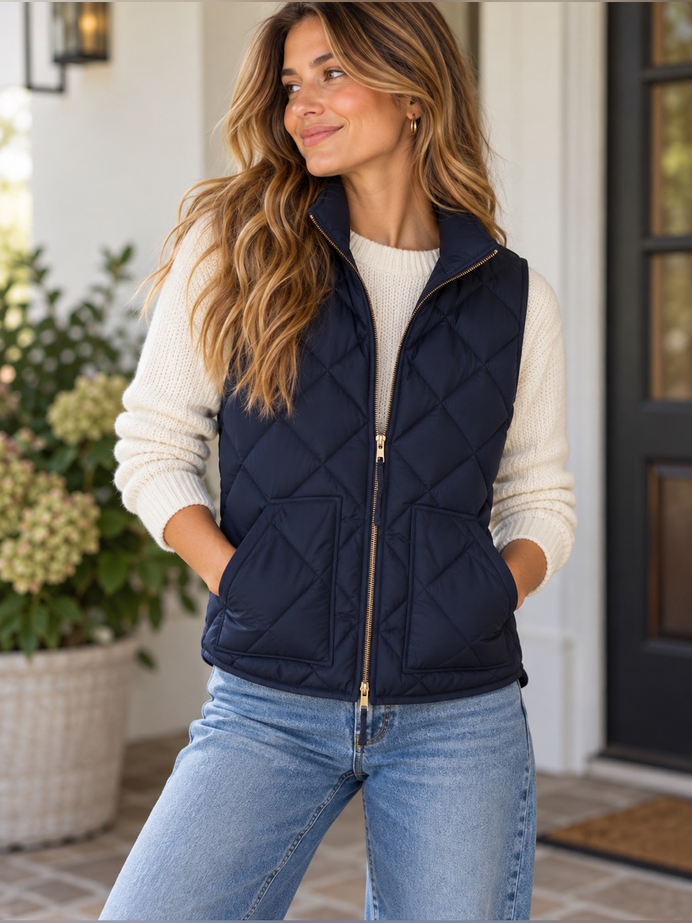 J.Crew Navy Quilted Down Puffer Vest Women’s Medium Diamond Zip
